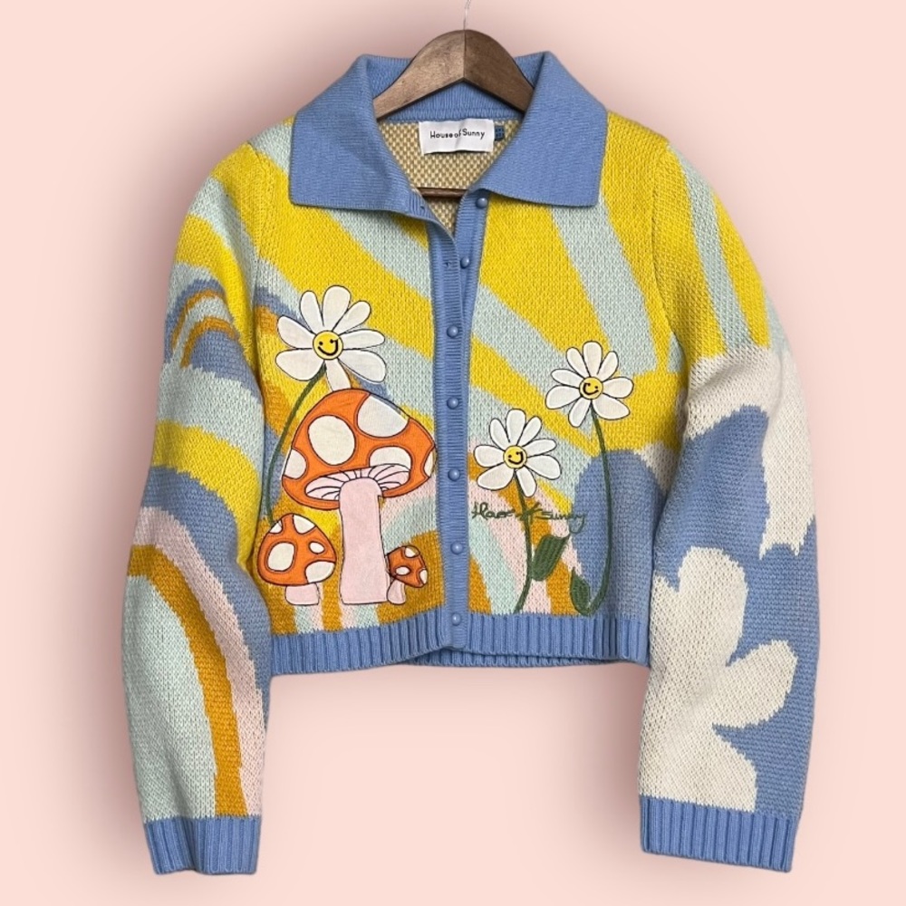 House of Sunny Cardigan Mushroom Daisy Flower Rainbow Sunshine Long Sleeve Sz 10